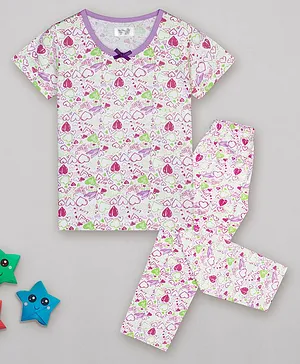 Sheer Love Half Sleeves Hearts Printed Tee & Pajama Set - Multi Color