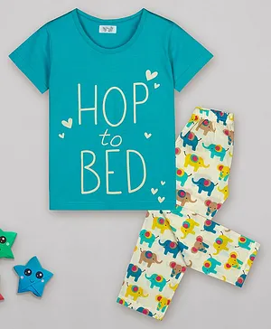 Sheer Love Half Sleeves Hop To Bed Text Printed Tee & Elephant Printed Pajama Set - Blue & Off White