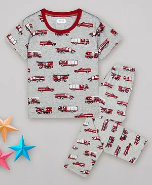 Sheer Love Half Sleeves Fire Brigade Printed Tee & Printed Pajama Set - Grey & Red