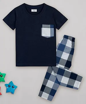Sheer Love Half Sleeves Chequered Tee & Pajama Set - Navy Blue