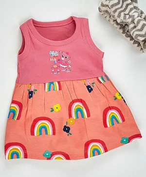 Kidi Wav Sleeveless Bear And Rainbow Printed Dress - Pink