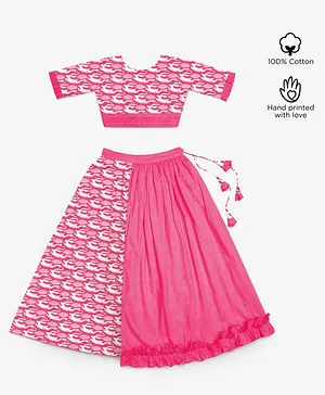 Story Tailor Rabbit Print Half Sleeves Choli With Half & Half Layered Lehenga - Pink