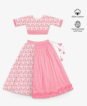 Story Tailor Animal Print Half Sleeves Choli With Half & Half Layered Lehenga - Peach Pink