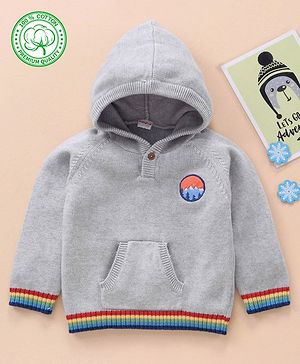 Babyhug 100% Organic Cotton Full Sleeves Hooded Sweater - Grey