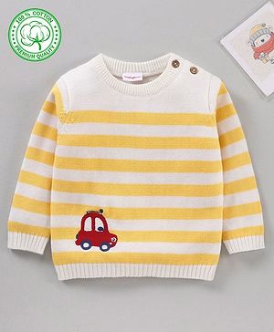 Babyhug 100% Organic Cotton Full Sleeves Stripe Sweater Car Embroidery - Off White Yellow