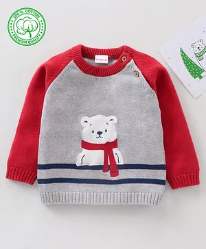 Babyhug 100% Organic Cotton Knit Full Sleeves Sweater Polar Bear Design- Grey Red