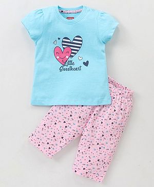 Babyhug 100% Cotton Half Sleeves Night Suit Heart Print - Blue - 12-18M Blue