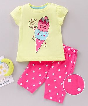 Babyhug Short Sleeves Nightwear Pajama Set Ice-Cream Print - Yellow Pink