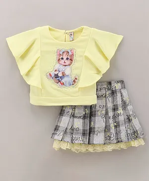 Enfance Core Short Frill Sleeves Cat Printed Top With Checked Lace Detailed Skirt - Lemon Yellow