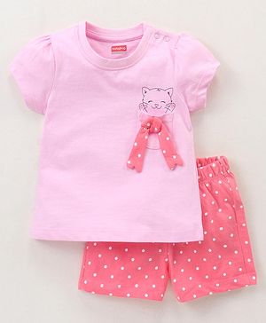 Babyhug 100% Cotton Half Sleeves Night Suit Kitty Print - Pink - 9-12m Pink