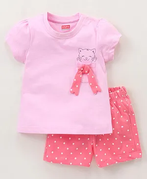 Babyhug 100% Cotton Half Sleeves Night Suit Kitty Print - Pink