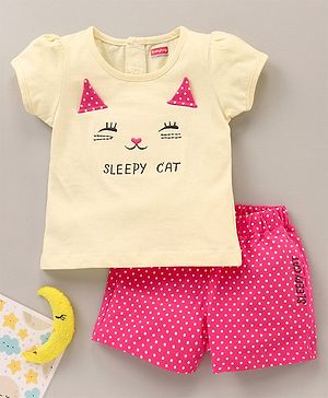 Babyhug Cotton Half Sleeves Tee & Shorts Set Dot Print & Kitty Embroidery- Pink