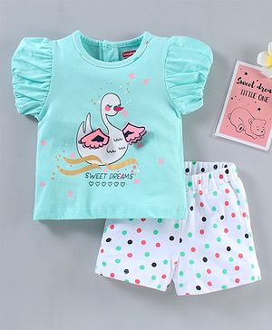 Babyoye Cotton Knit Puffed Half Sleeves Night Suit Multiprint - Blue