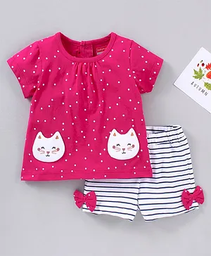 Babyhug Cotton Knit Half Sleeves Night Suit with Bow Applique Polka Dots Print - Pink