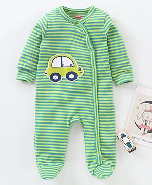 Babyhug Full Sleeves Striped Sleepsuit Car Patch - Green