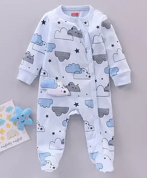 Babyhug Cotton Knit Full Sleeves Sleepsuit Cloud Print - Blue