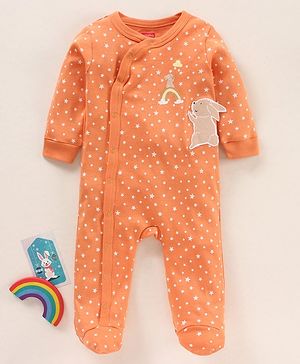 Babyhug Full Sleeves Footed Sleep Suit Stars Print & Bunny Patch - Orange