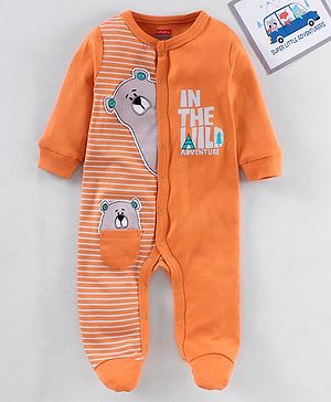 Babyhug Full Sleeves Footed Sleep Suit Bear Print - Yellow