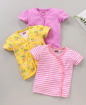 Babyhug 100% Cotton Half Sleeves Floral Print & Striped Vest Pack Of 3 - Yellow & Pink