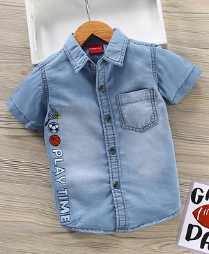 Babyhug Cotton Knit Half Sleeves Sports Print Denim Shirt - Blue