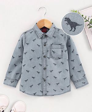 Babyhug Full Sleeves Washed Denim Shirt Dino Print - Blue