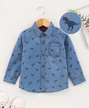 Babyhug Full Sleeves Washed Denim Shirt Dino Print - Blue