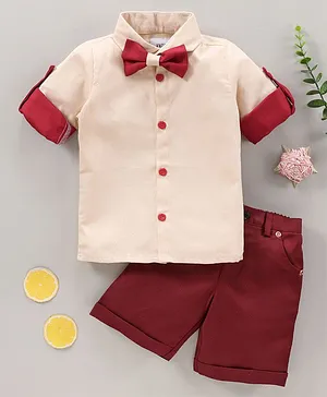 Knotty Kids Full Sleeves Color Blocked Shirt With Shorts & Bow Tie - Cream