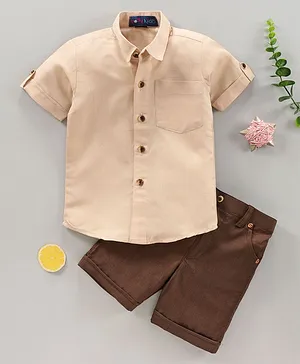 Knotty Kids Half Sleeves Solid Shirt & Shorts Set - Brown