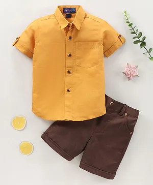 Knotty Kids Half Sleeves Solid Shirt With Shorts - Yellow