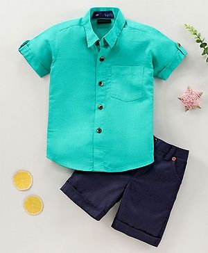 Knotty Kids Half Sleeves Solid Shirt With Shorts - Green
