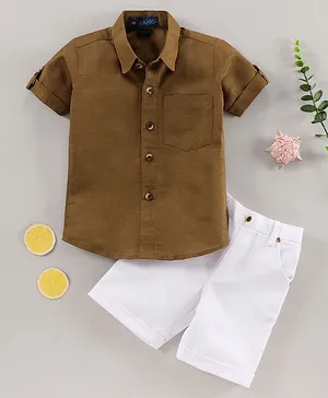 Knotty Kids Half Sleeves Solid Shirt With Shorts - Brown