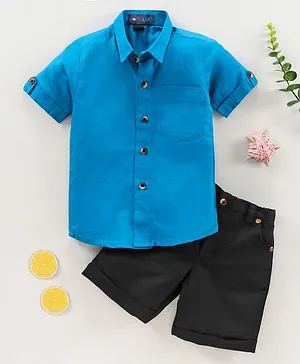 Knotty Kids Half Sleeves Solid Shirt With Shorts - Blue