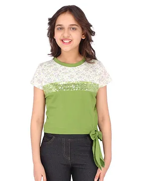 Cutecumber Half Sleeves Floral Printed Sequin Tape Embellished Crop Top - Green