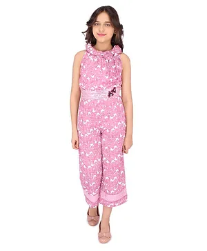 Cutecumber Sleeveless Sequin Embellished Butterfly Printed Jumpsuit - Mauve