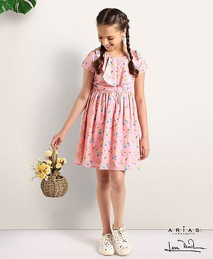 Arias 100% Cotton Printed Poplin Dress With Ruffle Yoke - Pink