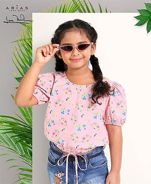 Arias Cotton Poplin Printed Crop Top With  Elasticated Hem And Back Button Opening - Pink