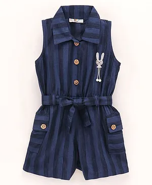 Enfance Sleeveless M Patch Striped Collared Jumpsuit - Navy