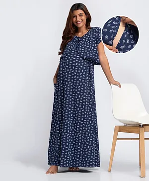 Bella Mama Half Sleeves Cotton Floral Printed Maternity Nighty with Nursing Panel- Blue