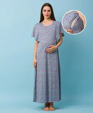 Bella Mama Half Sleeves Cotton Floral Printed Maternity Nighty - Grey