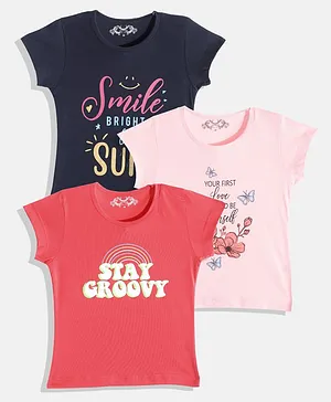 Femea Pack Of 3 Short Sleeves Stay Groovy & Smile Print Tee - Peach Pink Blue