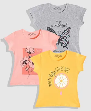 Femea Pack Of 3 Short Sleeves Flowers & Butterfly Print Tee - Yellow Pink Grey
