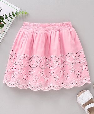 Babyhug Cotton Skirt With Lining & Schiffli Design Solid - Pink