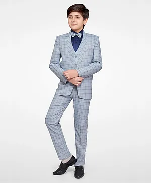 Jeet Ethnics Full Sleeves Checks Print 4 Piece Party Suit With Attached Bow Tie - Blue
