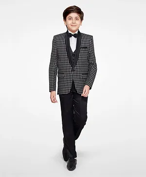 Jeet Ethnics Checked Full Sleeves Blazer & Shirt With Attached Bow & Pants - Black