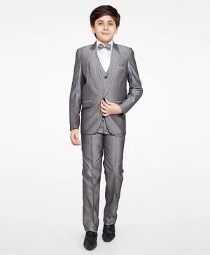 Jeet Ethnics Full Sleeves Self Designed Blazer & Shirt With Attached Bow & Pants - Grey