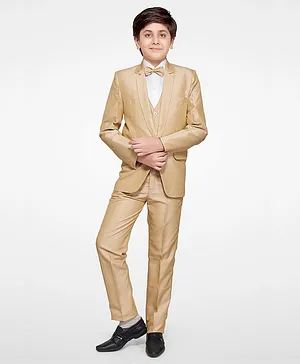 Jeet Ethnics Full Sleeves Self Designed Blazer & Shirt With Attached Bow & Pants - Beige
