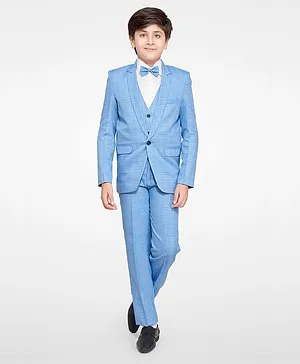 Jeet Ethnics Checked Full Sleeves Blazer & Shirt With Attached Bow & Pants - Blue