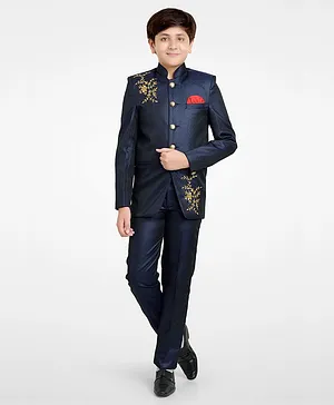 Jeet Ethnics Floral Embroidered Full Sleeves Coat With Pants - Navy Blue