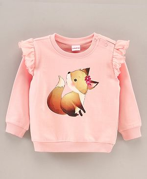 Babyhug Full Sleeves Sweatshirt With Fox Print And Sleeves Frill- Pink