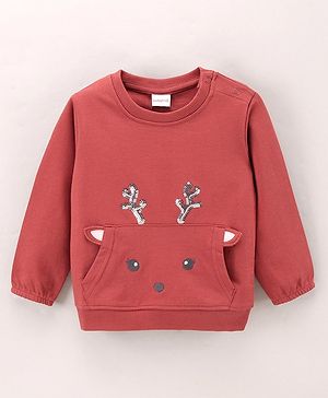 Babyhug Full Sleeves Knit Sweatshirt Deer & Sequin Applique - Brown